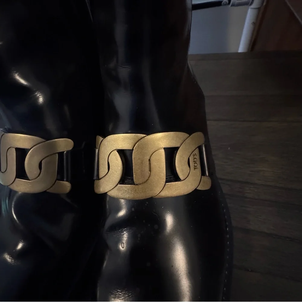Black patent Leather Boots with Gold Chain Accent designer inspired - Picture 2 of 6